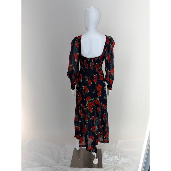 RIXO Yas Dress Black Red Floral Print Square Neck Long Sleeve Tiered Midi Dress - Picture 9 of 11